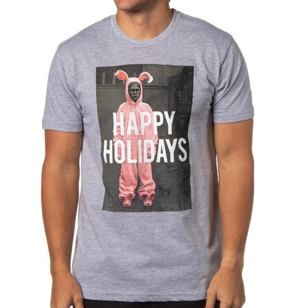 NWT A Christmas Story Holiday T-Shirt with Pink Bunny Design Gray